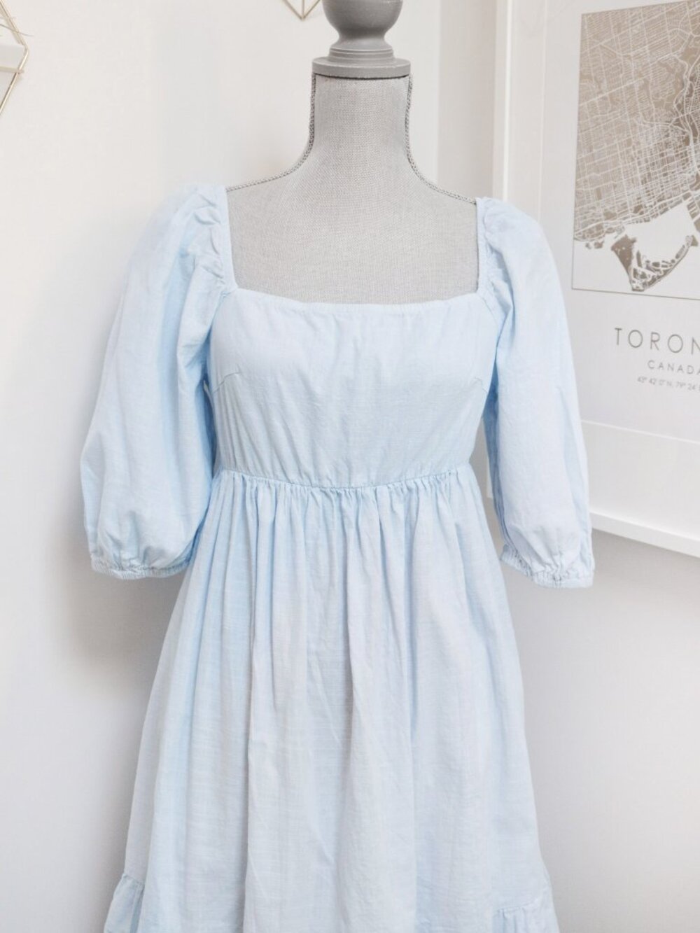 SHEIN Blue Cotton Peasant Style Babydoll Dress w/ Open Bowtie Back & Puff Sleeve - Picture 2 of 9